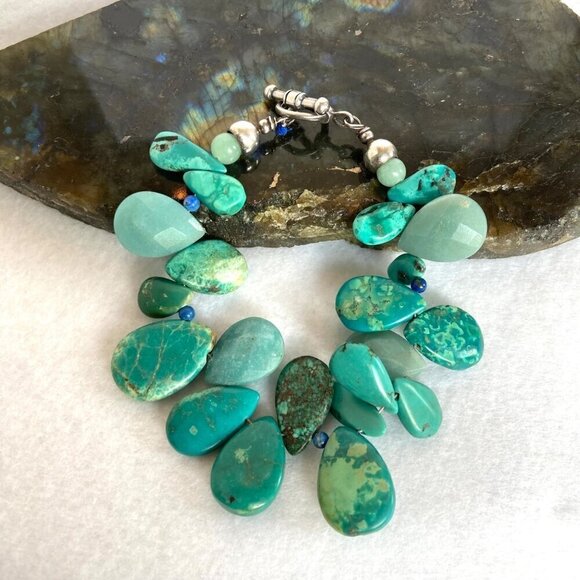 Sterling Silver 925 Teardrop Turquoise Aventurine & Sodalite Beaded Bracelet  7" - Picture 11 of 16